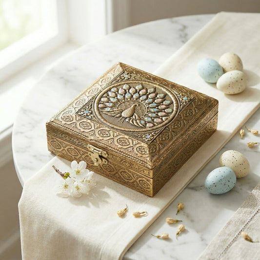 Handcrafted brass plated peacock jewelry storage box front view