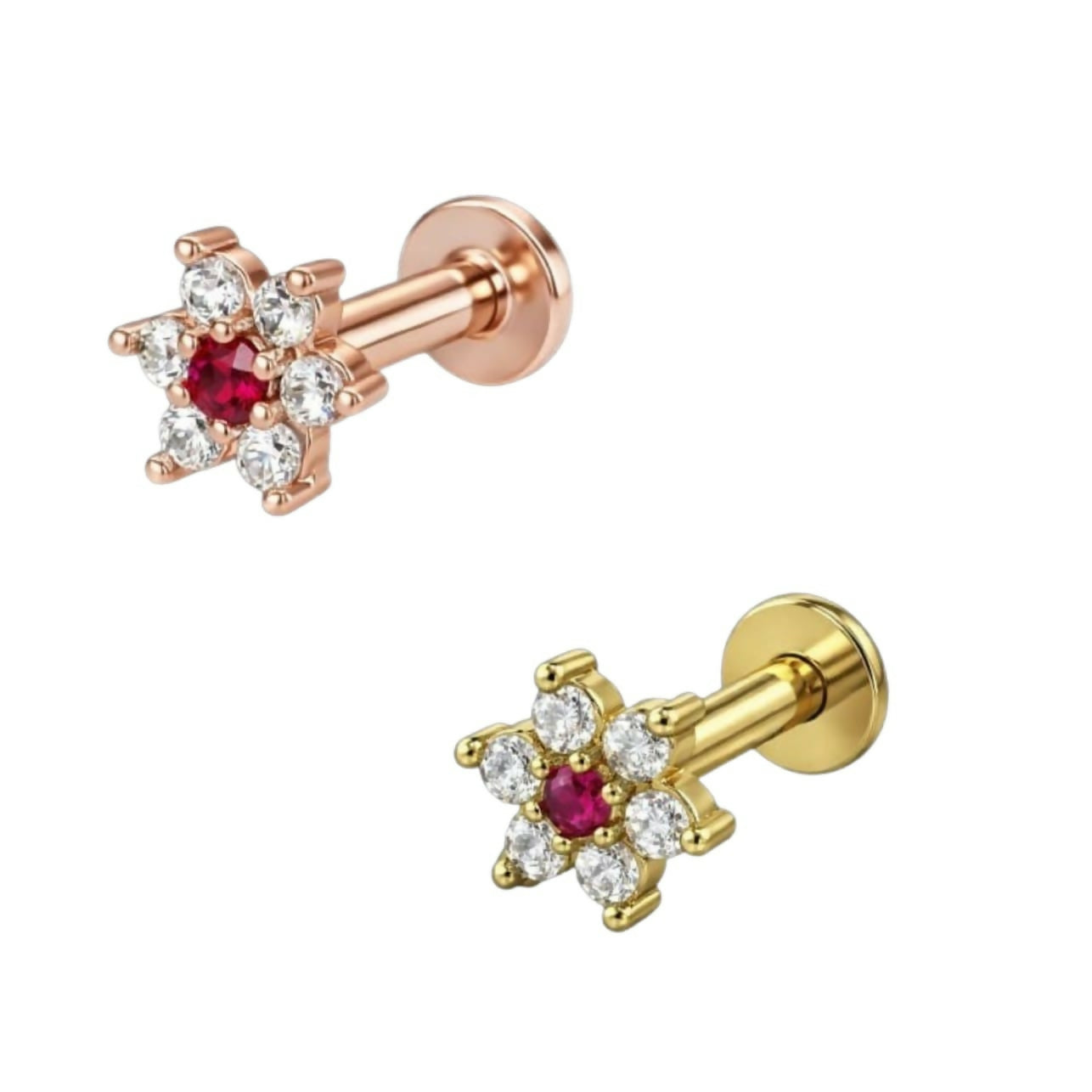 Ruby flower nosepin studs with brilliant-cut crystal halo in gold and rose gold plating