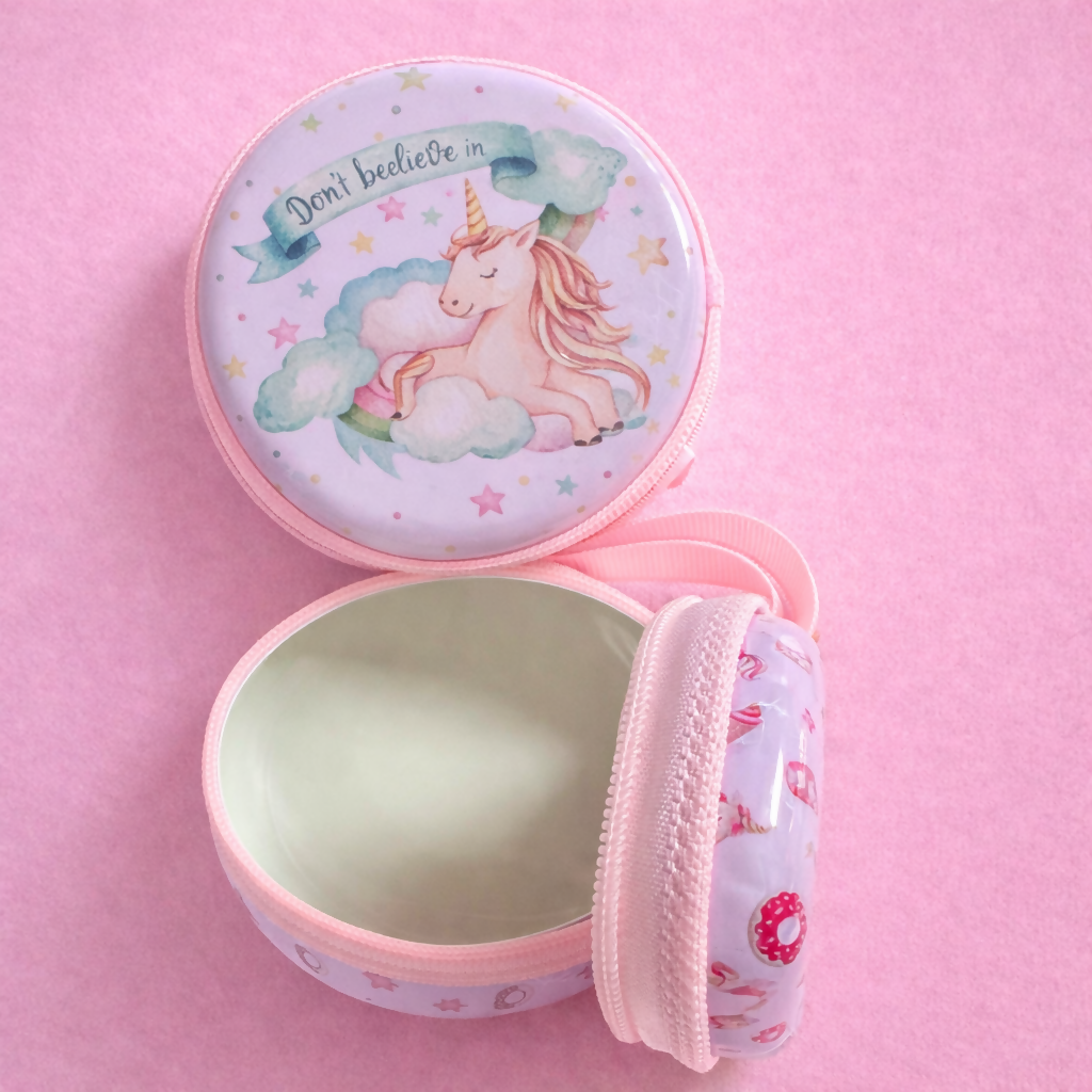 Unicorn Print Round Coin Pouch with Zipper & Wrist Strap for Kids and Gifting(DESIGN MAY VARY)