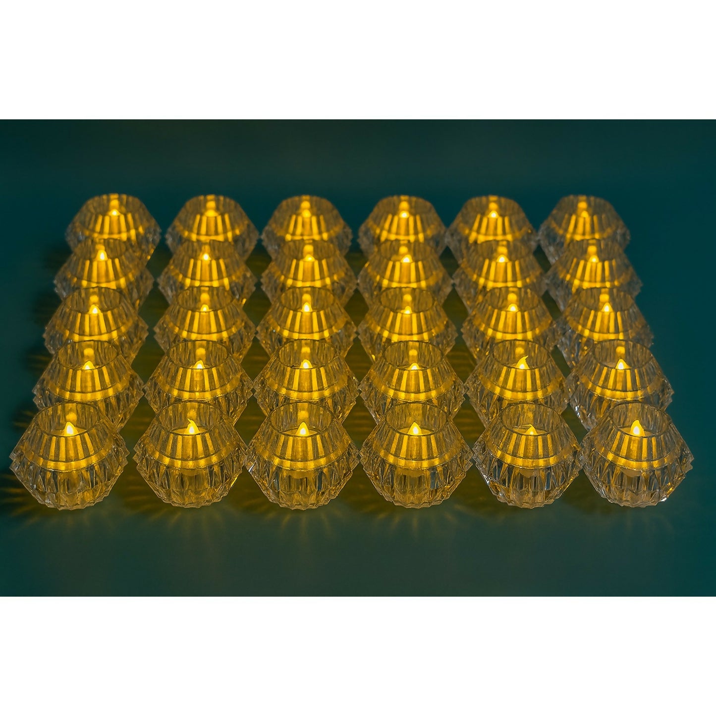 Set of 24 Crystal LED Diya Candles | Battery Operated Flameless Decorative Lights | Diamond-Cut Crystal Effect Tea Lights for Diwali, Pooja, Mandir, Wedding & Festive Décor