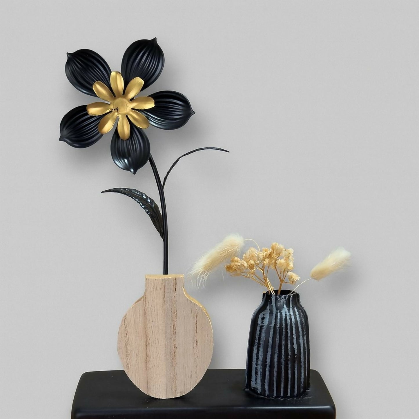 Elegant Metal Flower Showpiece with Wooden Base – Black & Gold Decorative Artificial Flower Vase for Home, Office, Living Room, Bedroom & Gifting Purpose