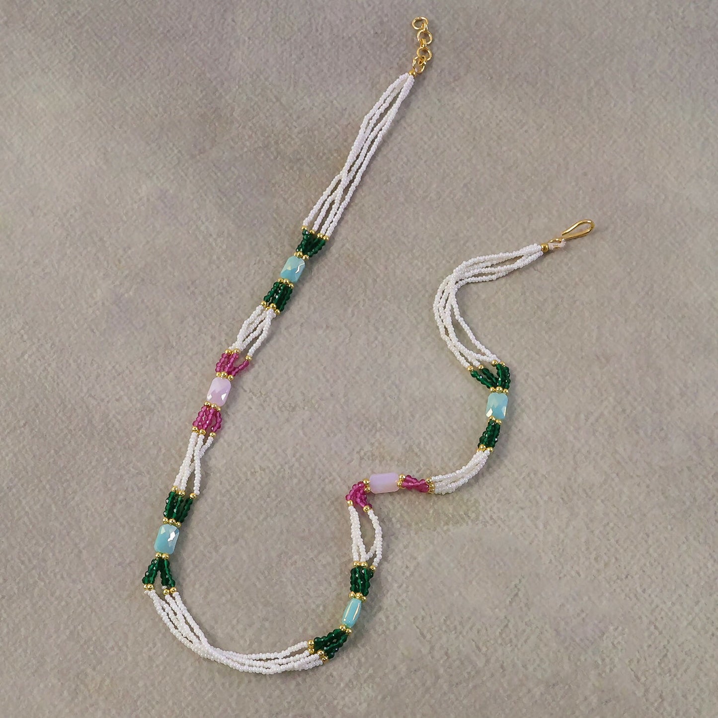 Multicolor mala necklace styled with modern outfit
