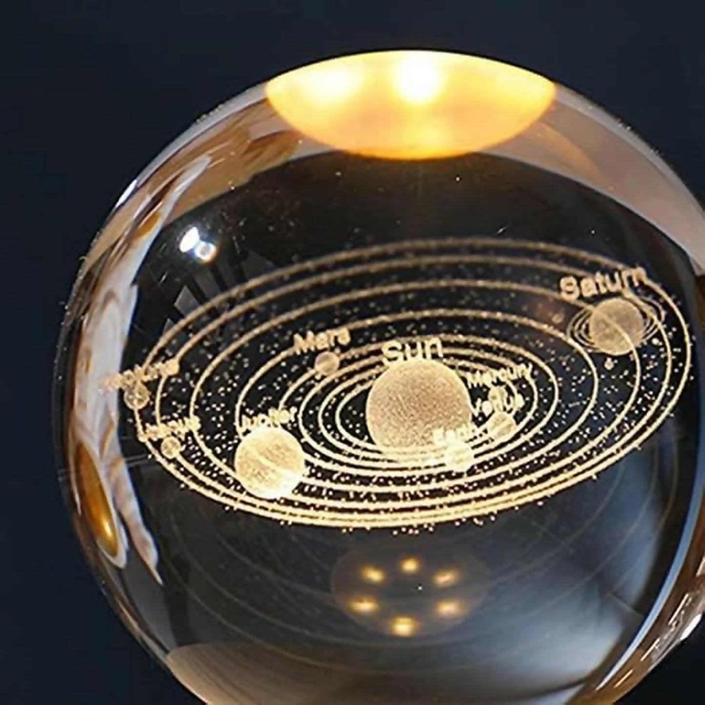 3D solar system crystal ball LED lamp with wooden base on table