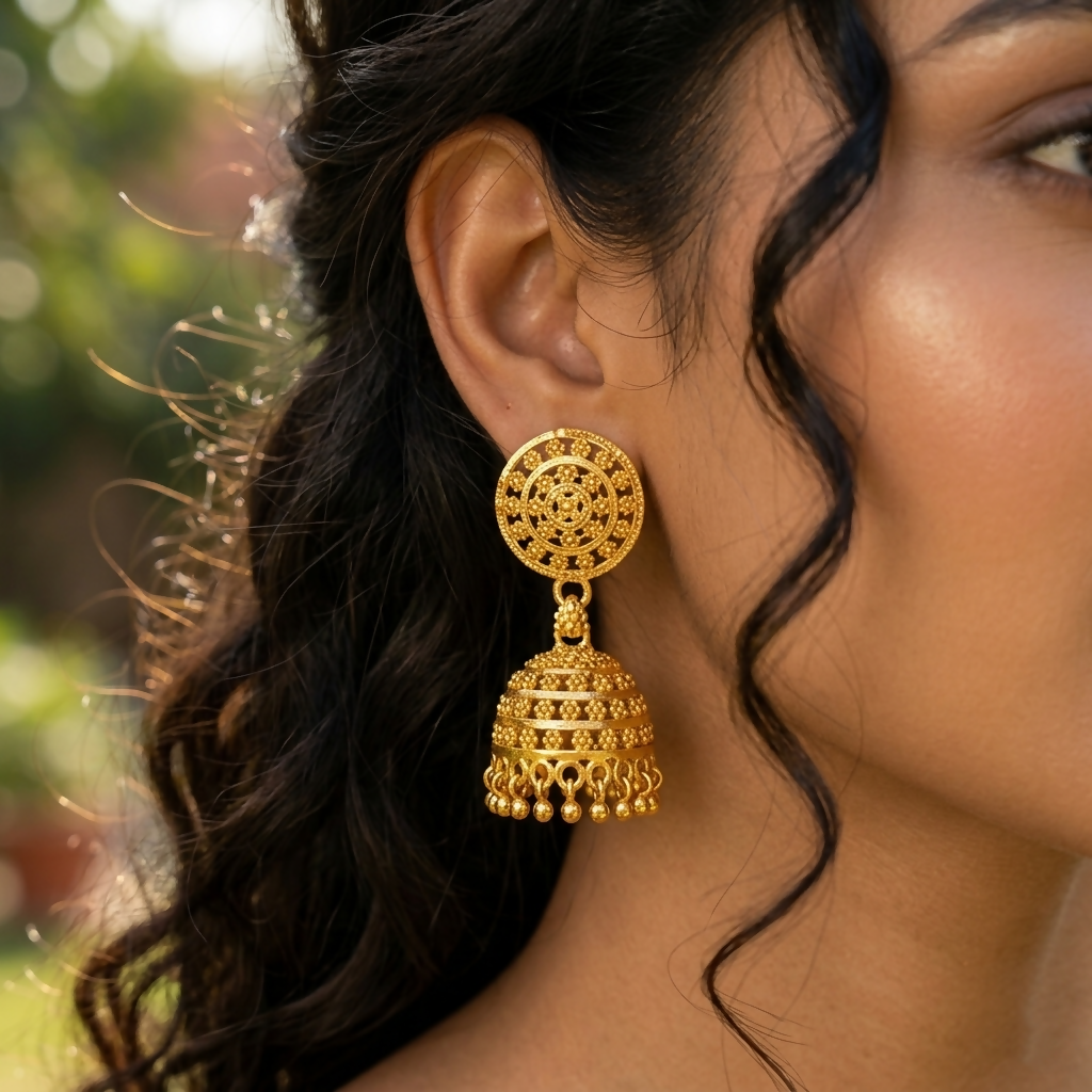 Pair of gold tone jhumka earrings on a white background