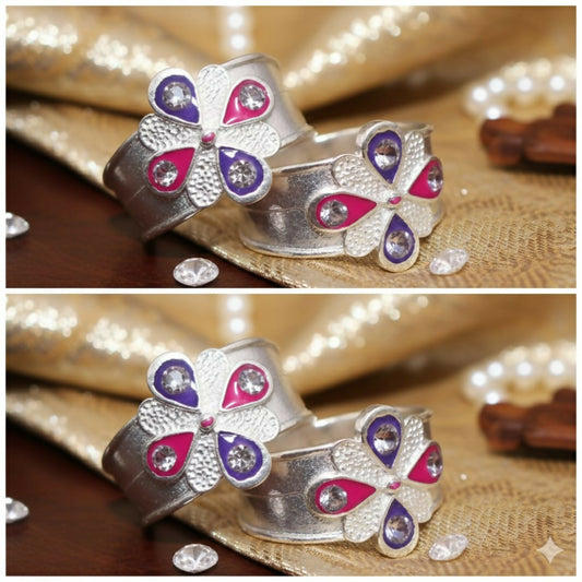 Silver-Plated Floral Bichhiya Toe Ring with for girls and women combo pack of 2