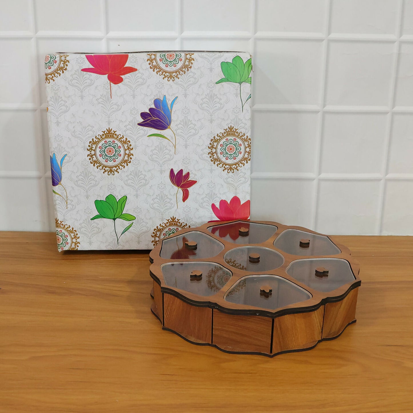 Decorative wooden dry fruit storage box showcasing premium finish and floral shape