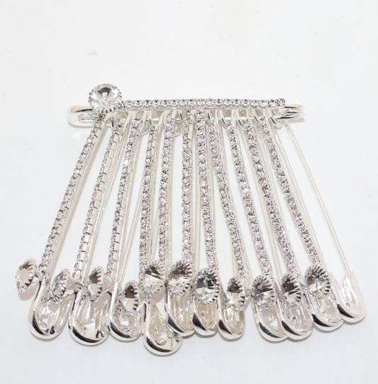 Silver Tone Crystal Dangle Saree Pin Brooch - 12 Pin Rhinestone Clip