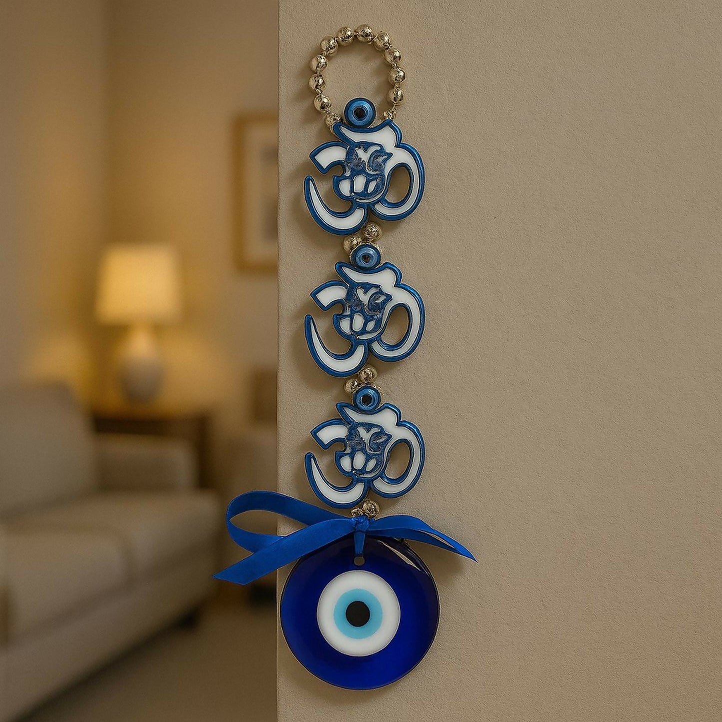 Spiritual Evil Eye Wall Hanging with Om Symbol and Blue Nazar Protection Charm | Decorative Home & Office Wall Hanging with Beads & Ribbon Bow | Vastu & Feng Shui Good Luck Gift Item