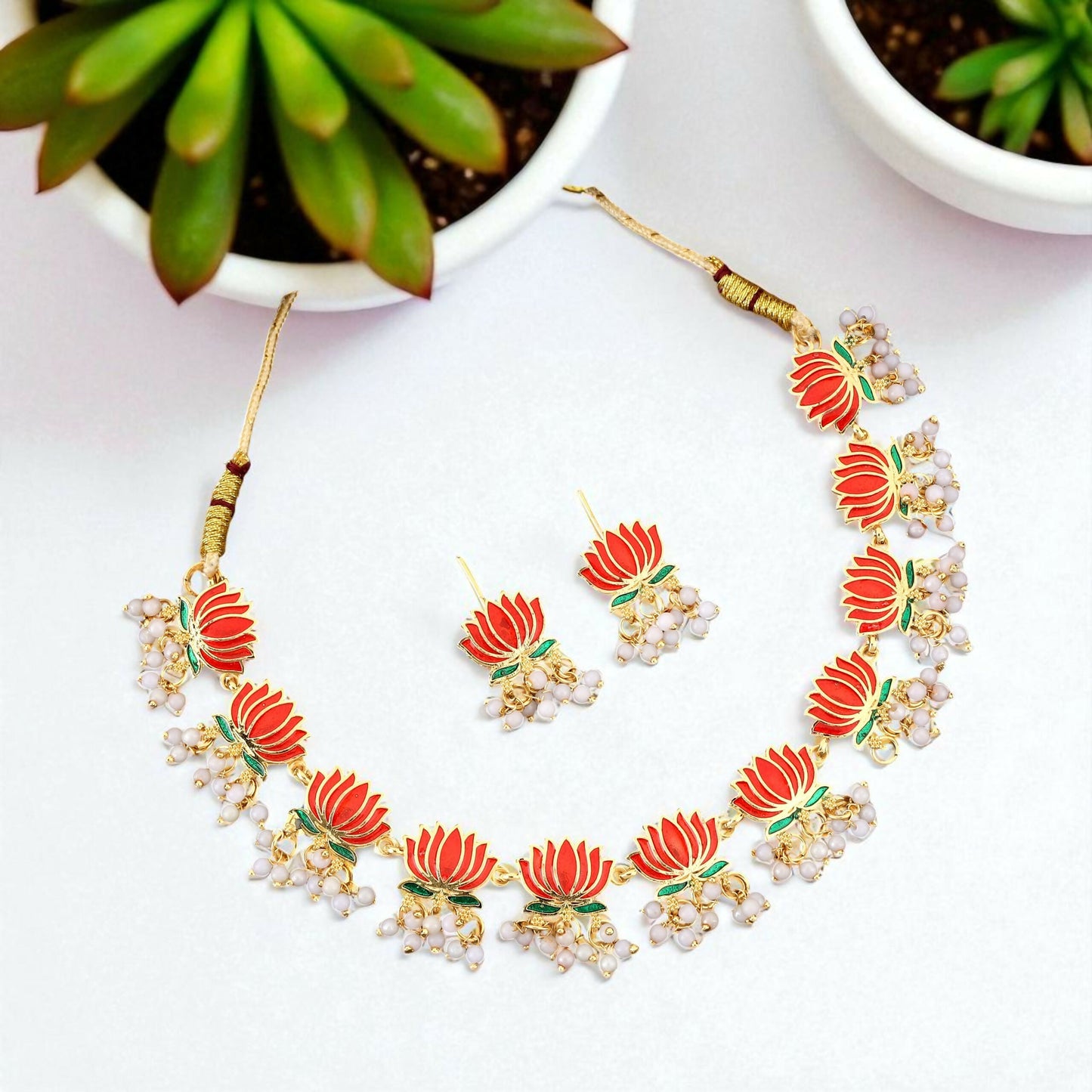 Gold Necklace with Green Red Lotus & White Beads Pendant for Women Stylish Jewelry