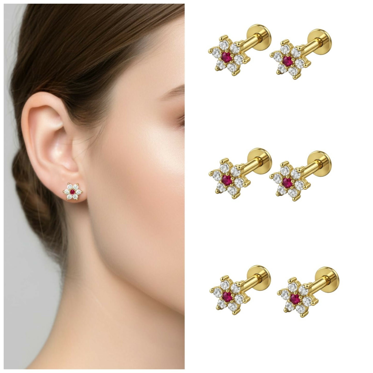 Set of three pairs of ruby floral gold plated stud earrings with white zirconia stones