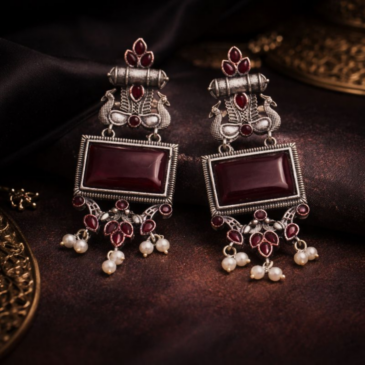 Traditional Oxidized Silver Maroon Stone Pearl Drop Earrings