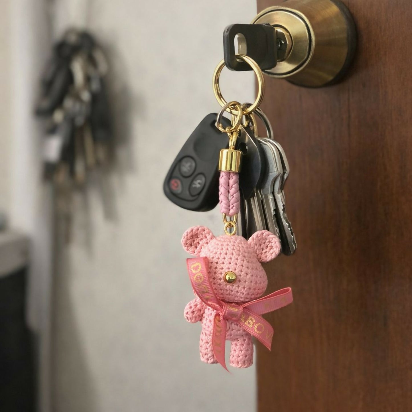 Cute Pink Teddy Bear Keychain with Braided Strap Bag Charm for Girls