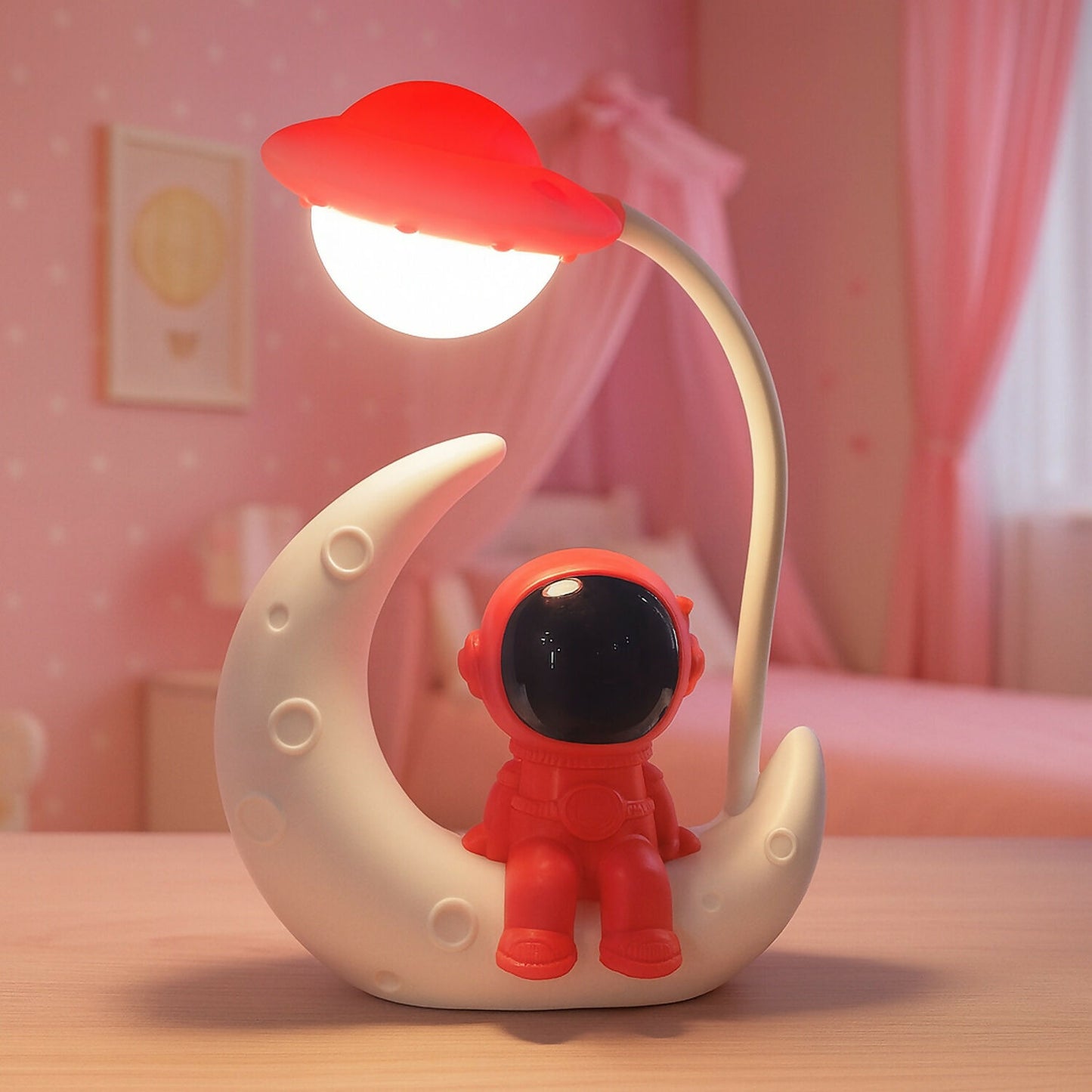 Red Astronaut Moon LED Night Lamp with Touch Control, USB Rechargeable