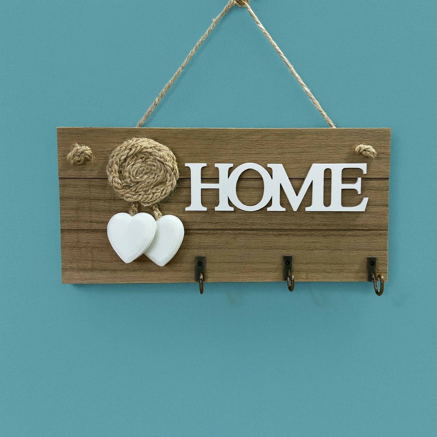 Wooden Wall Mounted Key Holder with Rope & Heart Design | Rustic “HOME” Letter Decorative Key Hanger with 3 Metal Hooks | Wall Hanging Organizer for Keys, Jewelry & Small Accessories | Home Décor Gift