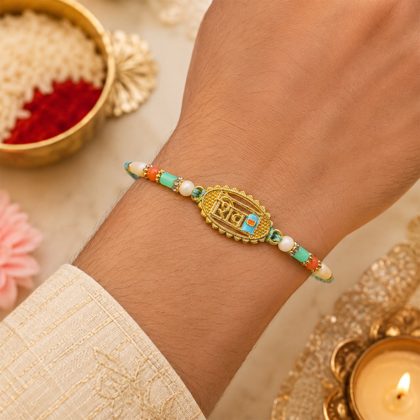 Shiv Script Pendant Rakhi with Teal and Orange Beads