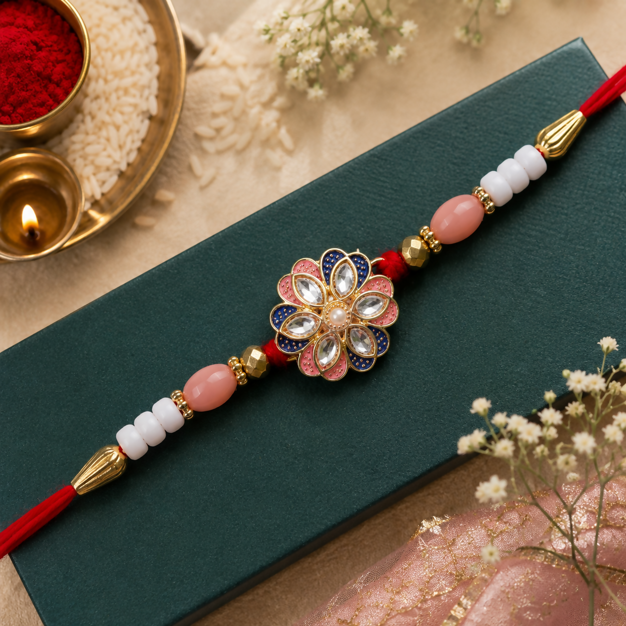 A red thread with pink and white beads, gold accents, and a central floral charm with pink, blue, and clear stones, rests on