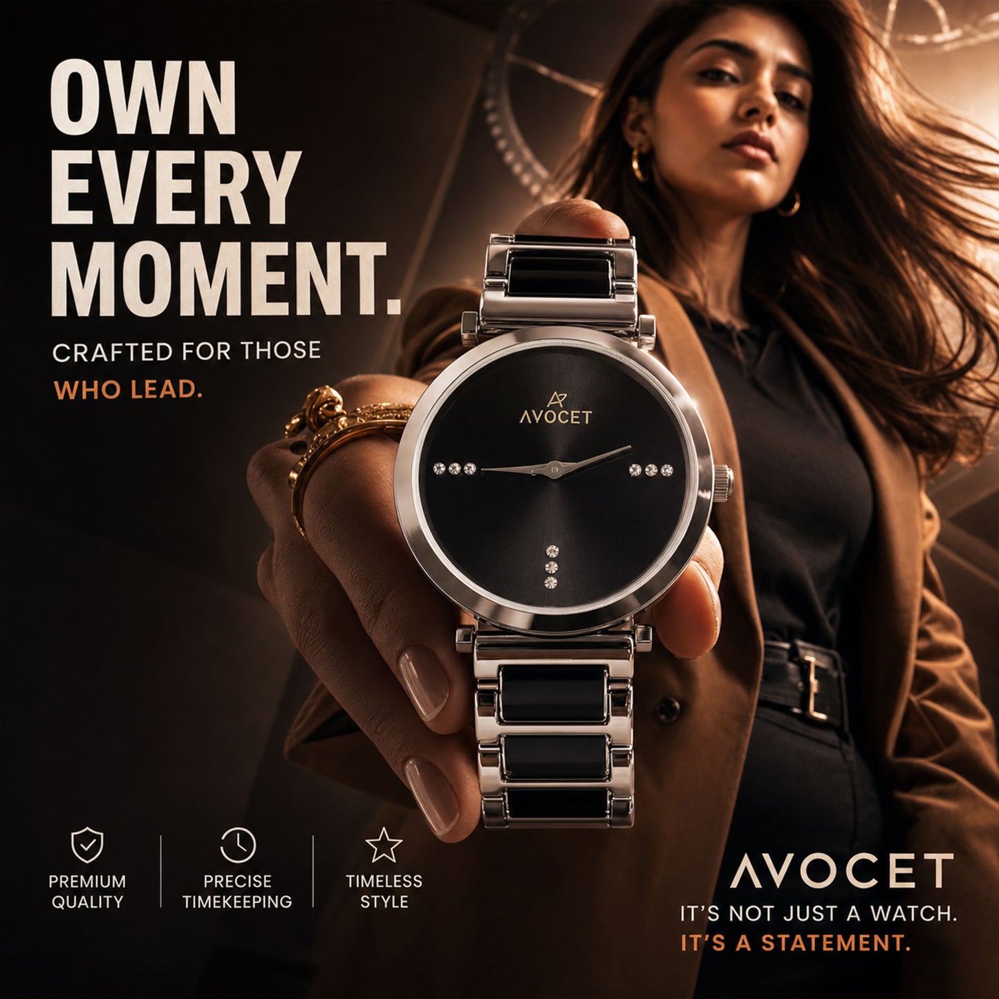 Black Round Shape Dial Watch with Silver Metal Strap Design for Women