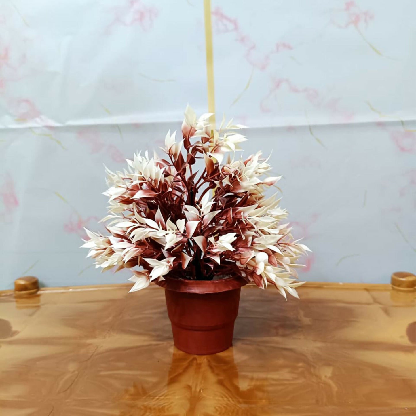 Artificial Brown Cream Bonsai Bushy Plant in Terracotta Pot for Home Office Decor