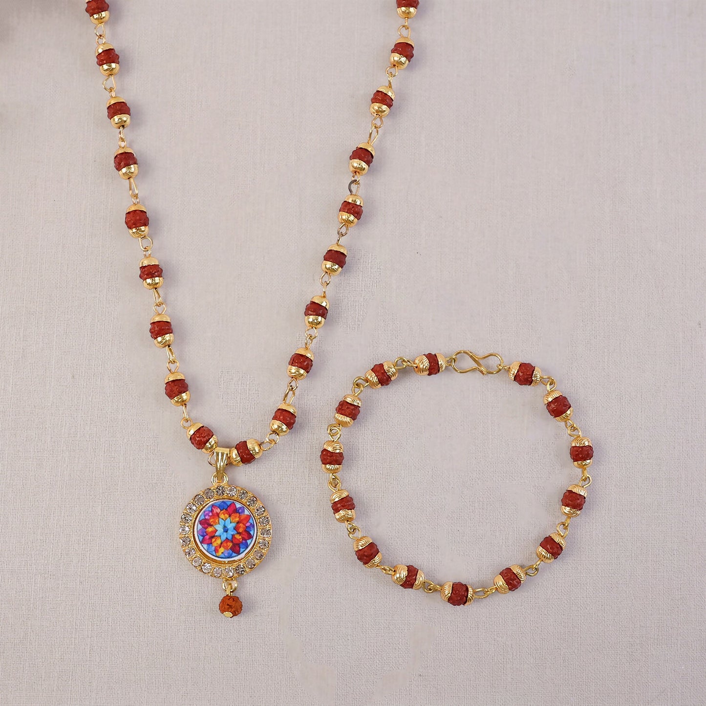 Rudraksha Necklace & Bracelet Set with Colorful Pendant