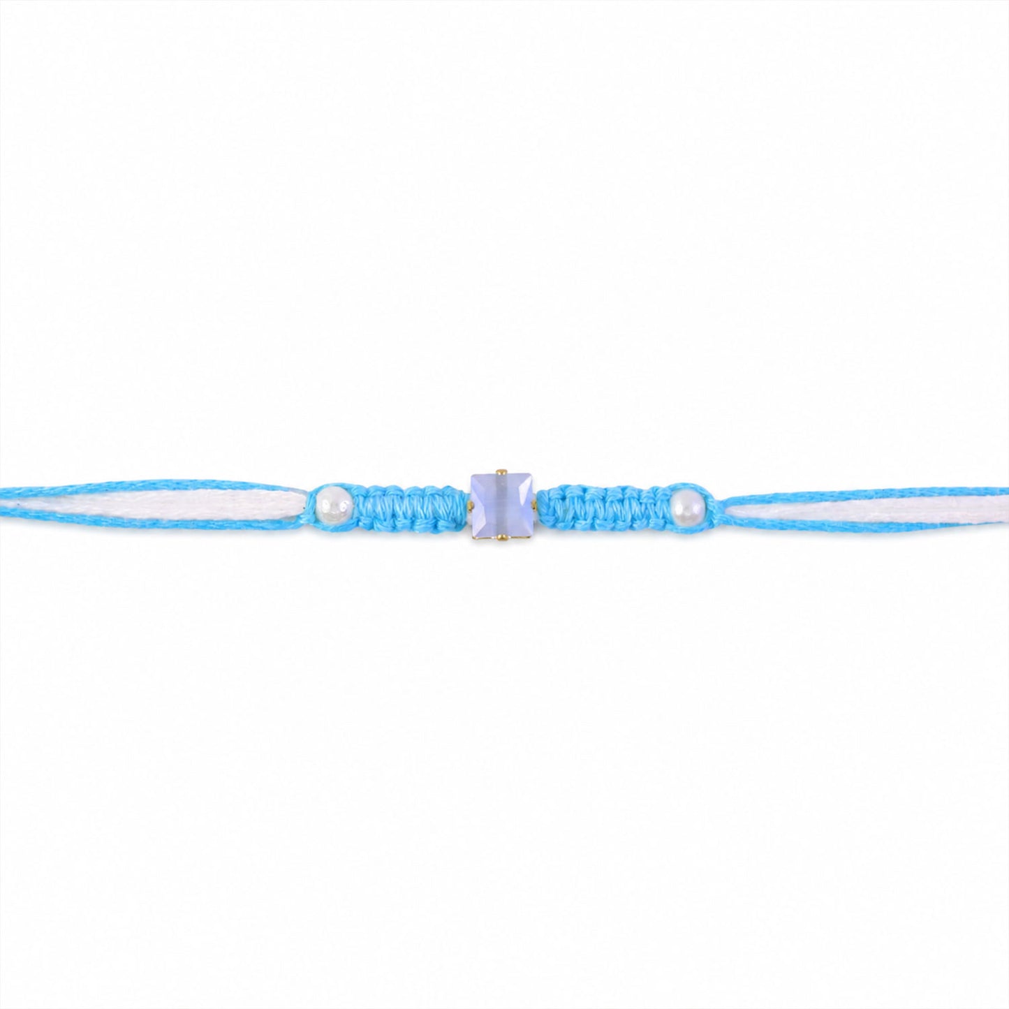 Blue Square Stone Macrame Rakhi with Pearl Beads, Silver Accents and Soft Thread
