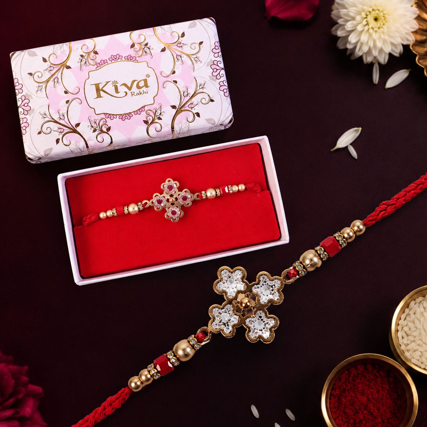 Pearl White Clover Designer Beaded Rakhi for Brother with Gold Accents