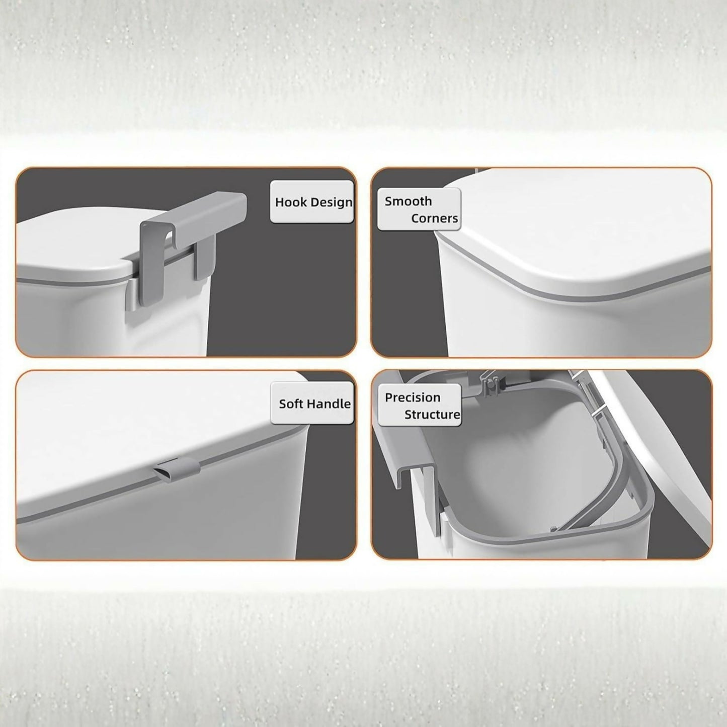 Four close-up views highlight features of the white dustbin: hook design, smooth corners, soft handle, and precision