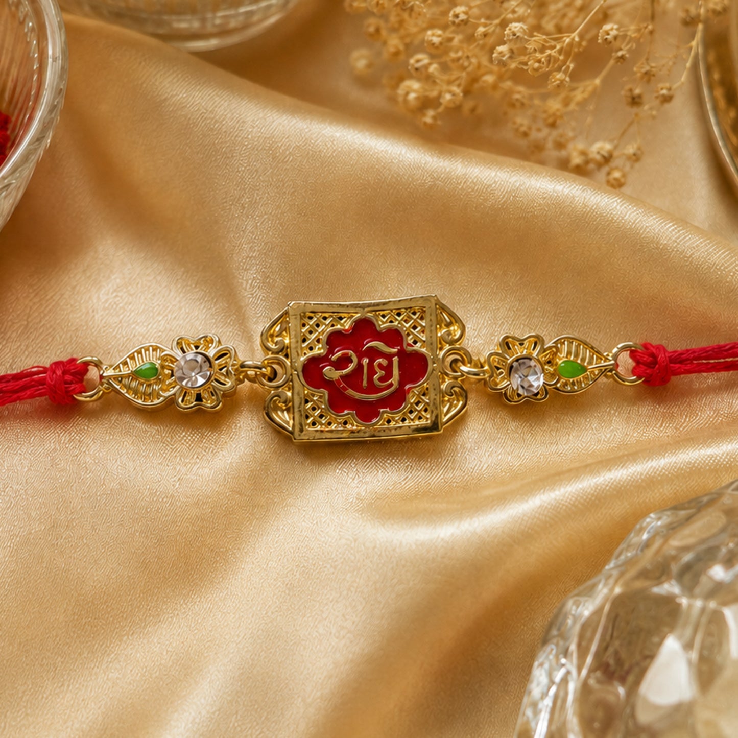 Gold-Toned Radhe with Red Enamel, Crystal Accents & Red Thread