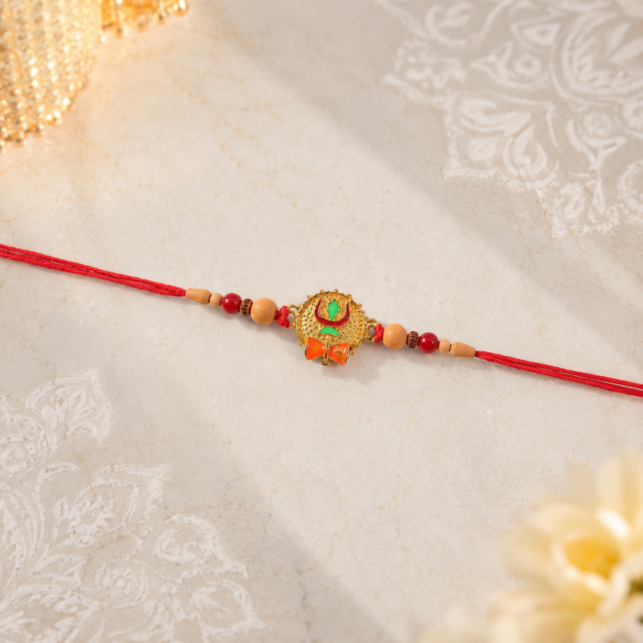 Tiny Trishul Damru Rakhi with Green Stone Center and Minimal Red Thread