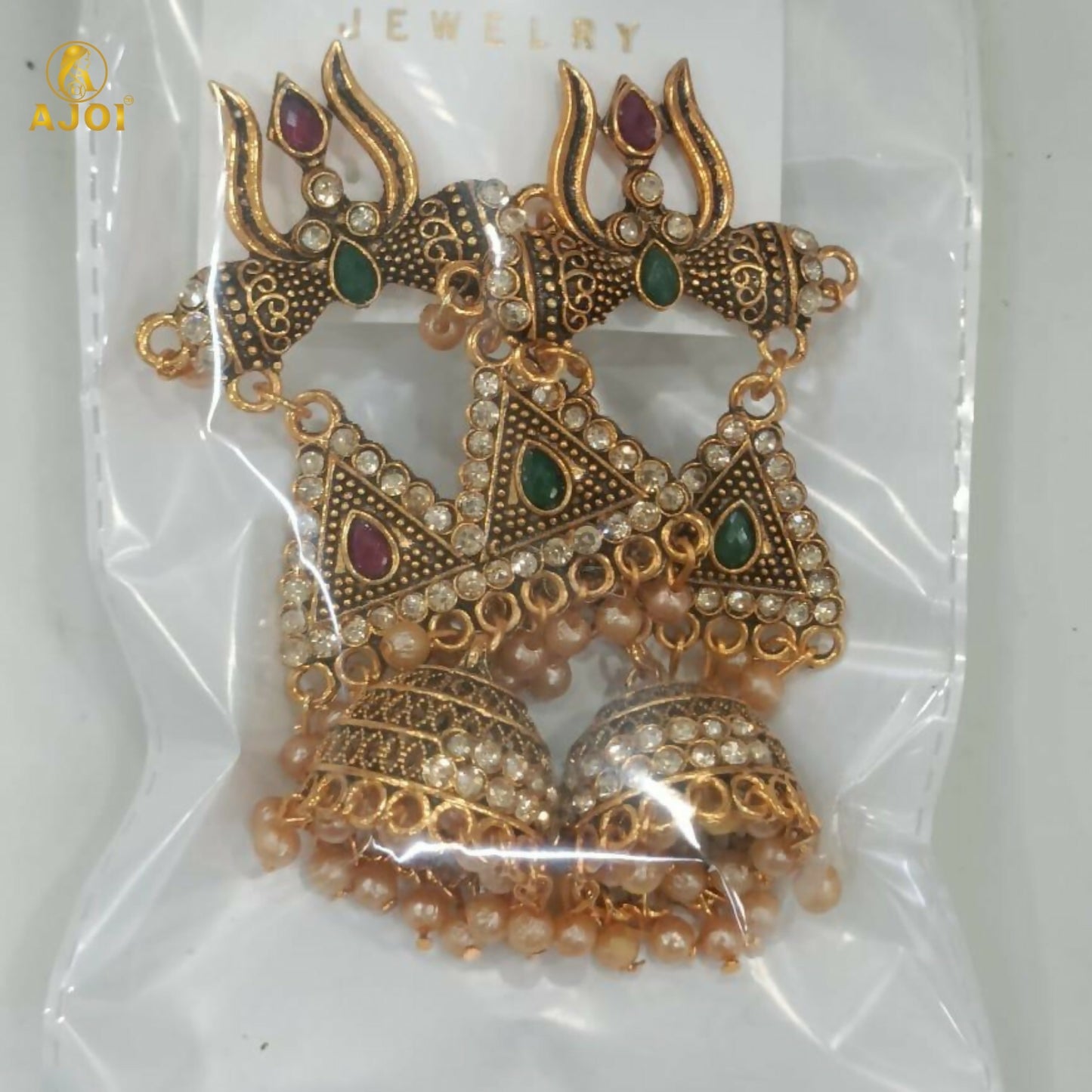 Traditional Shiv Trishul Design Antique Gold Jhumka Earrings with Stone Work