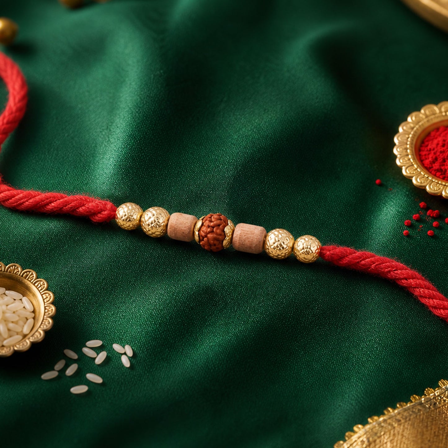 Red Cord Rakhi with Rudraksha and Natural Wooden Bead Accents