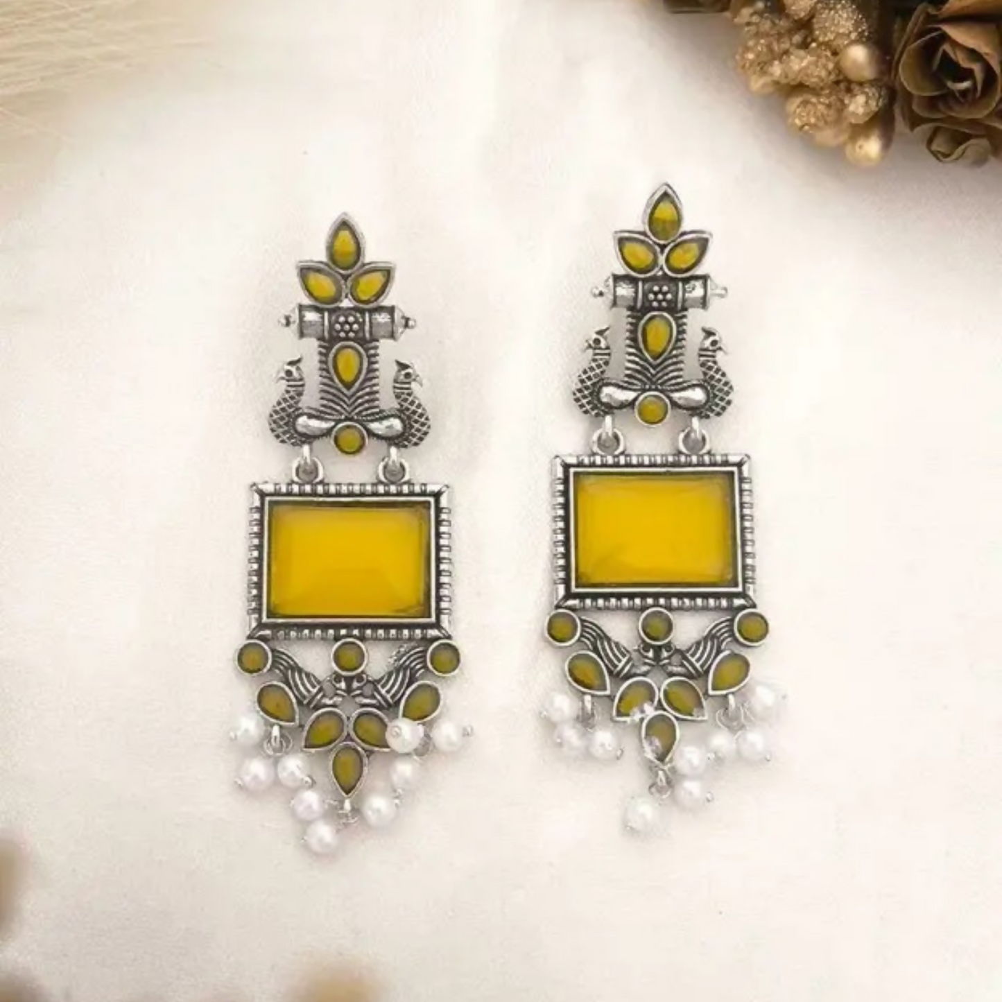 Traditional Oxidized Silver Yellow Stone Pearl Drop Earrings