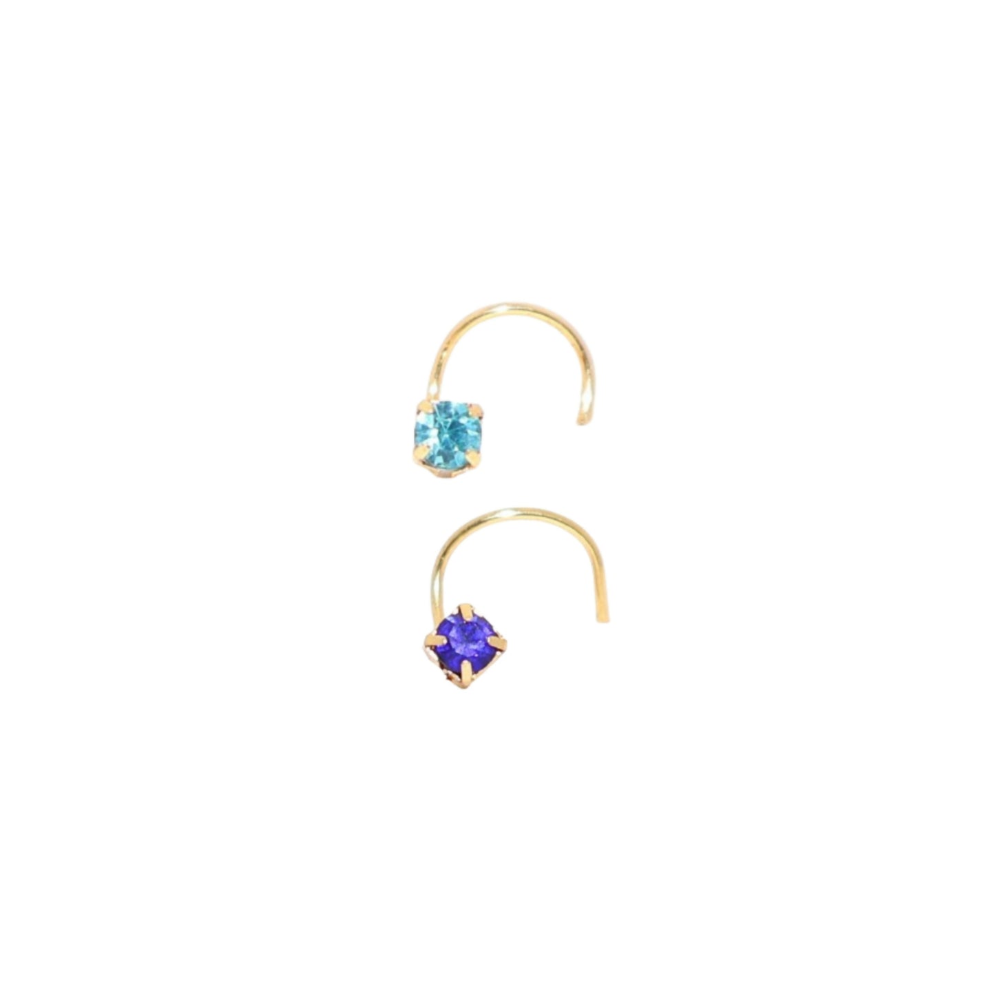 Pair of gold plated nose pins with lavender and clear crystals on white background