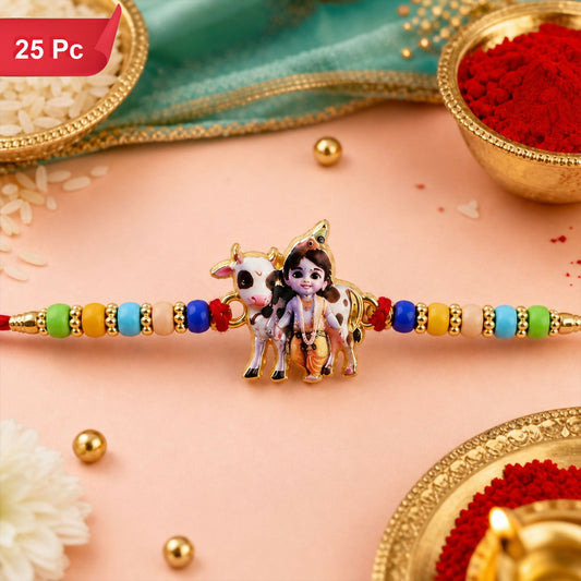 A red thread with a Lord Krishna and cow charm, flanked by colorful beads, rests on a pink surface with gold bowls.