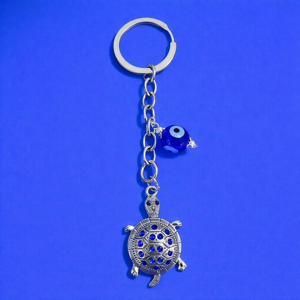 Turtle Evil Eye Keychain with Blue Stones for Car Keys, Bags & Gifting