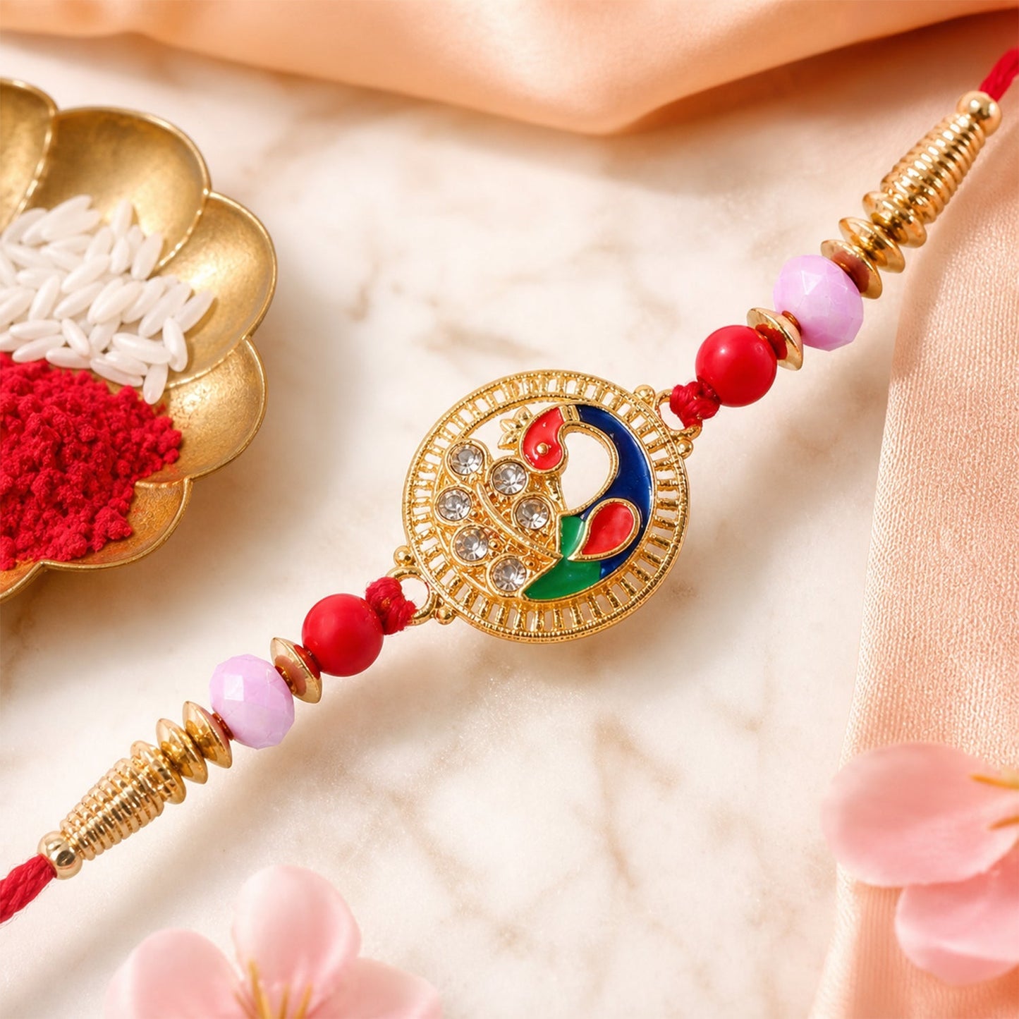 Premium Round Peacock Rakhi with Pearl Beads and Sacred Charm Design (5pcs)