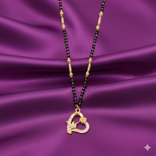 Gold plated hummingbird heart-shaped Mangalsutra pendant with CZ stones