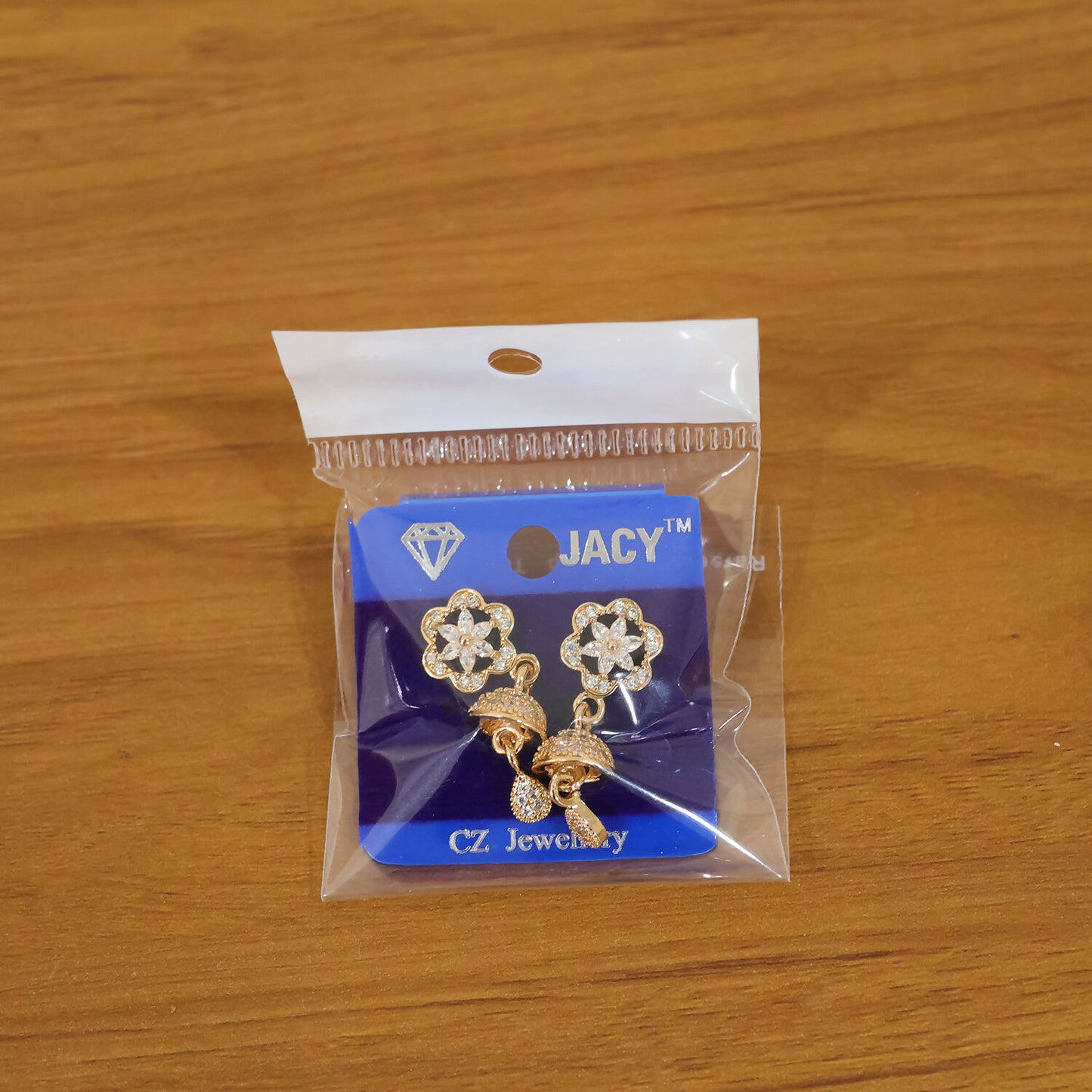 Beautiful rose gold starburst drop earrings displayed on white surface