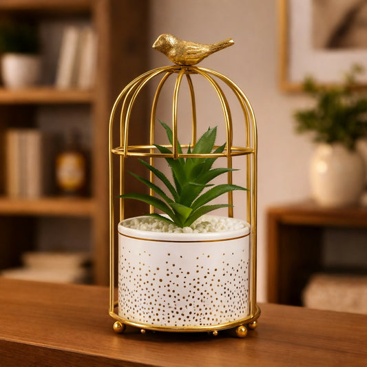 Golden Bird Cage Tabletop Planter with Decorative Pot(Color may vary)