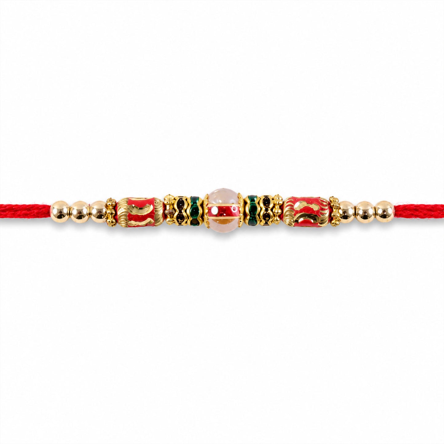 Red Green Stone Golden Designer Rakhi with Traditional Beads and Festive Thread