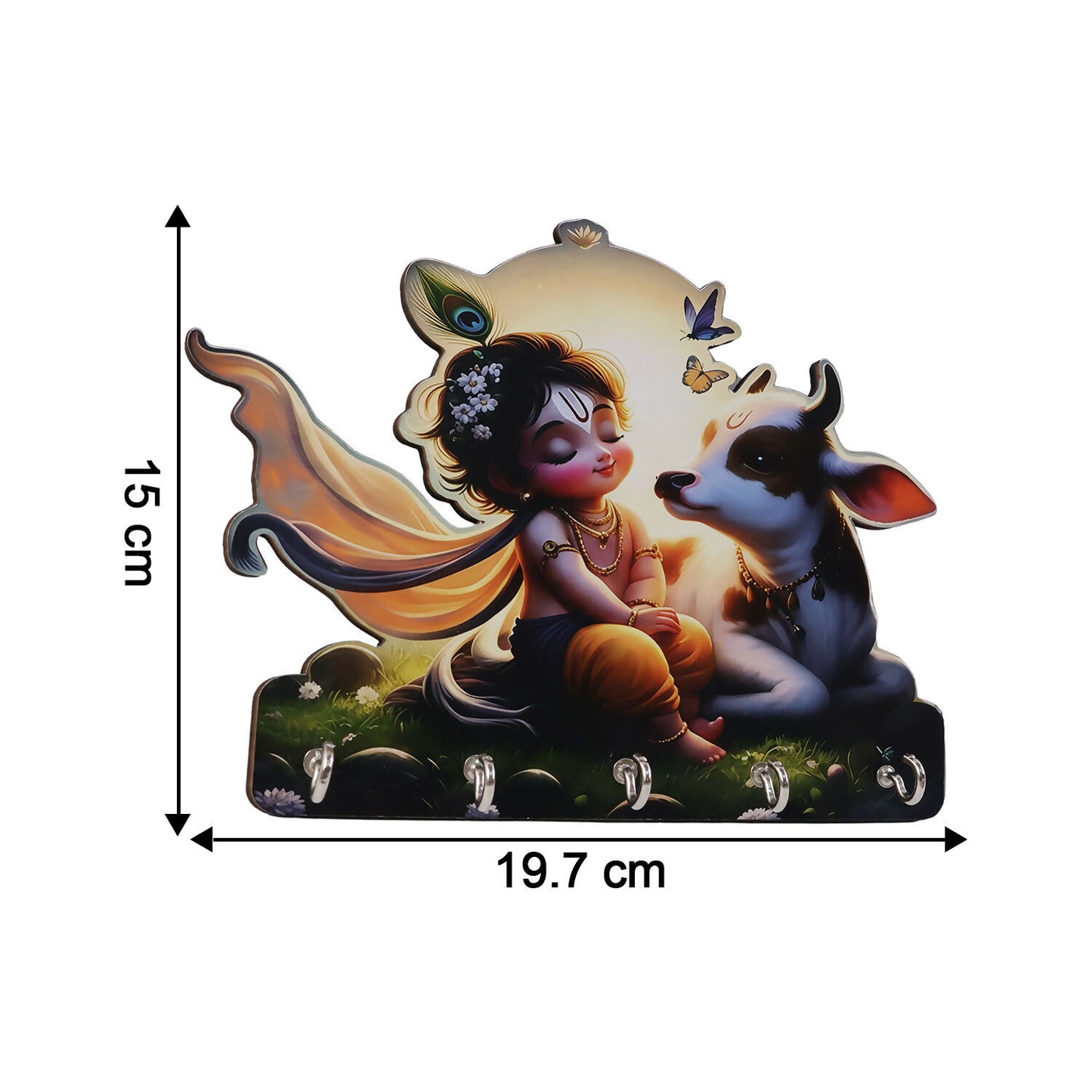 Decorative Krishna Cow Design Wall Key Holder with 5 Hooks – No Drilling Required