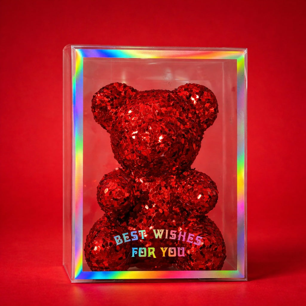 Red Glitter Teddy Bear Showpiece with Gift Display Box