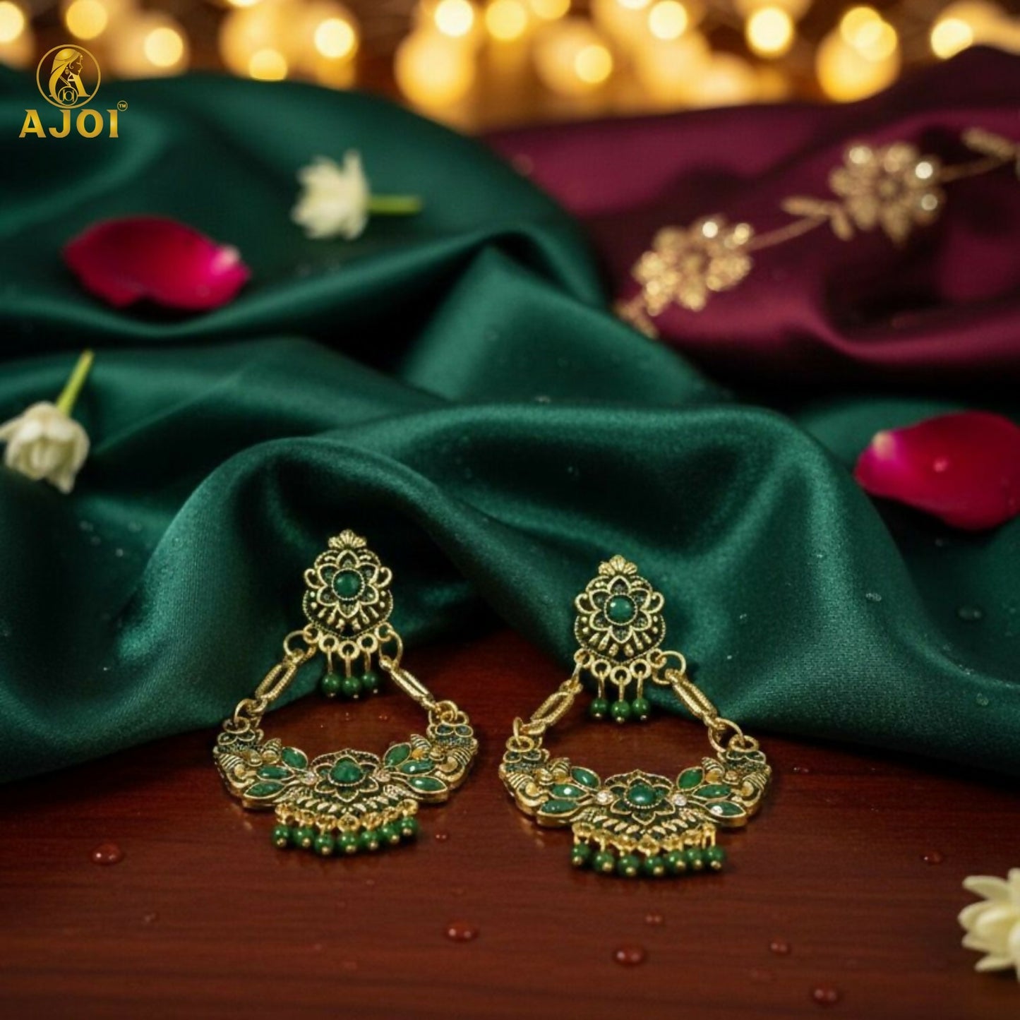 Antique Gold-Plated Green Stone Floral Chandbali Earrings for Women