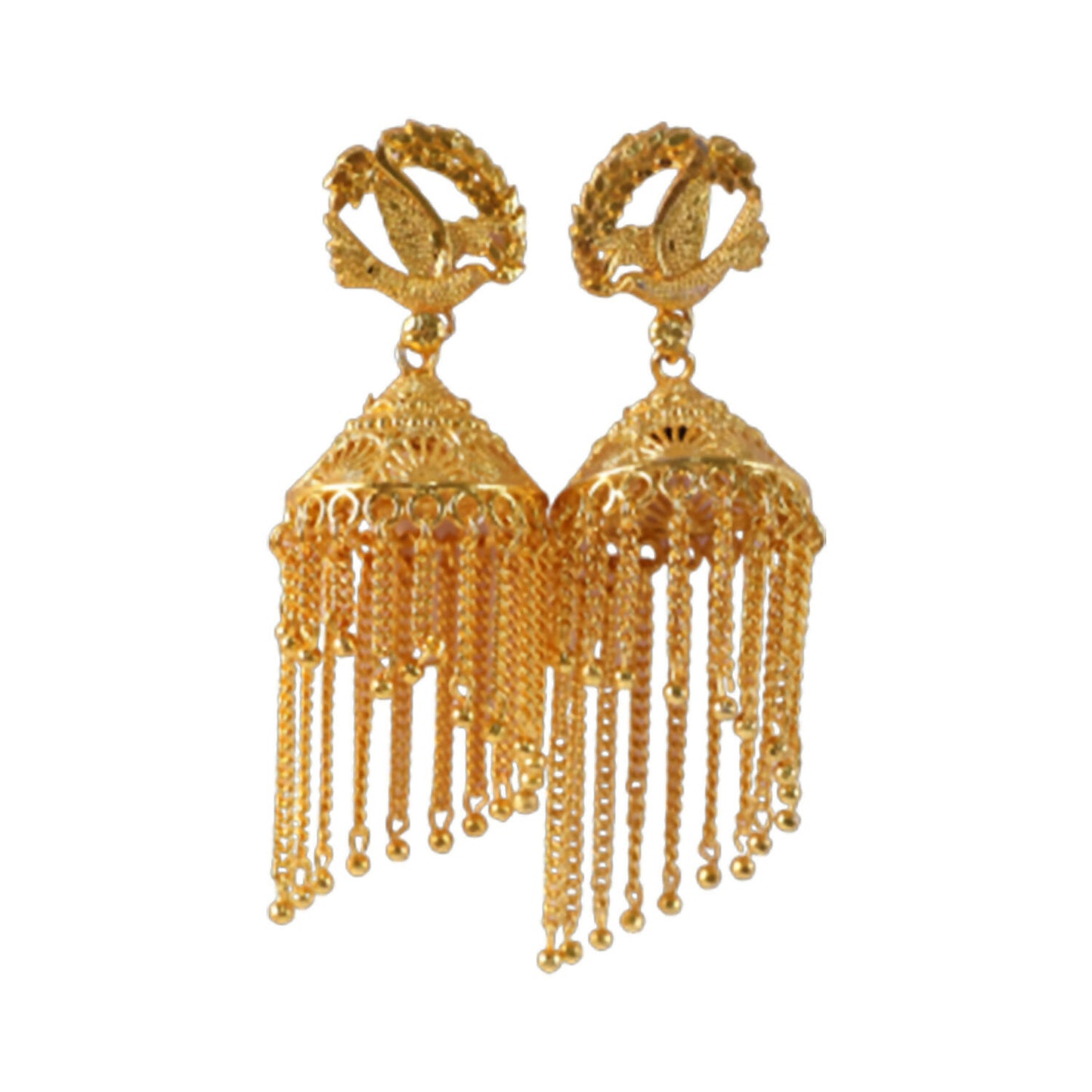 Golden Leaf Tassel Jhumka Earrings hanging with outfit