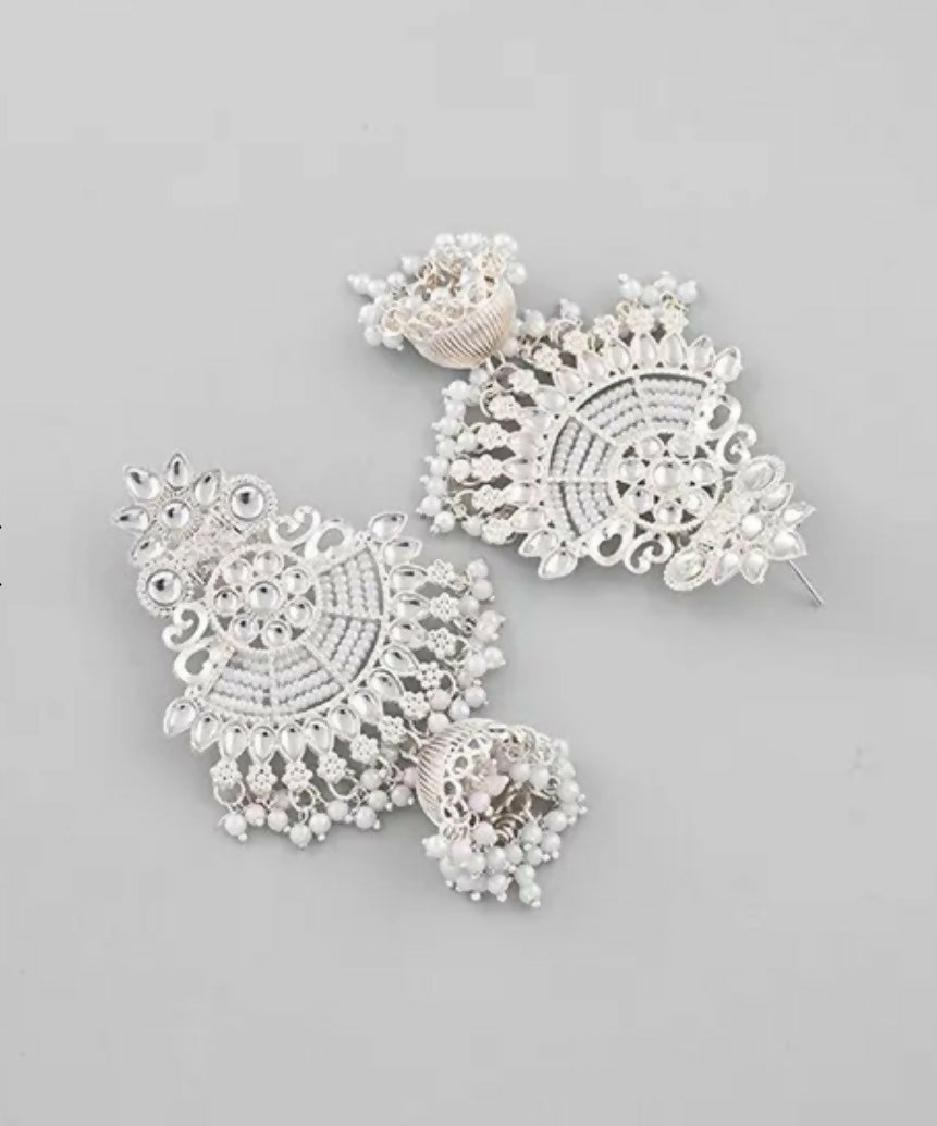 Silver-Toned Kundan & Pearl Traditional Chandbali Jhumka Earrings