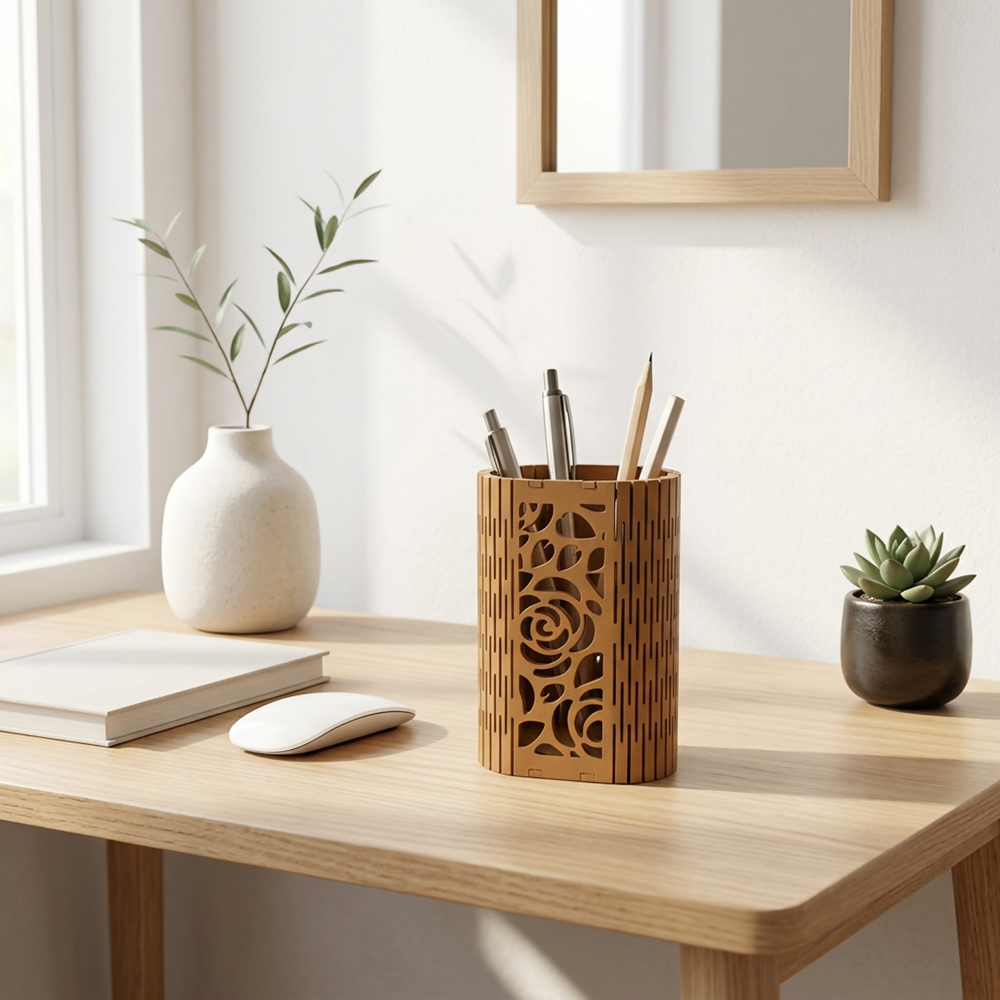 Lotus wooden pen holder crafted from laser-cut MDF, showcasing its intricate floral design on an office desk.