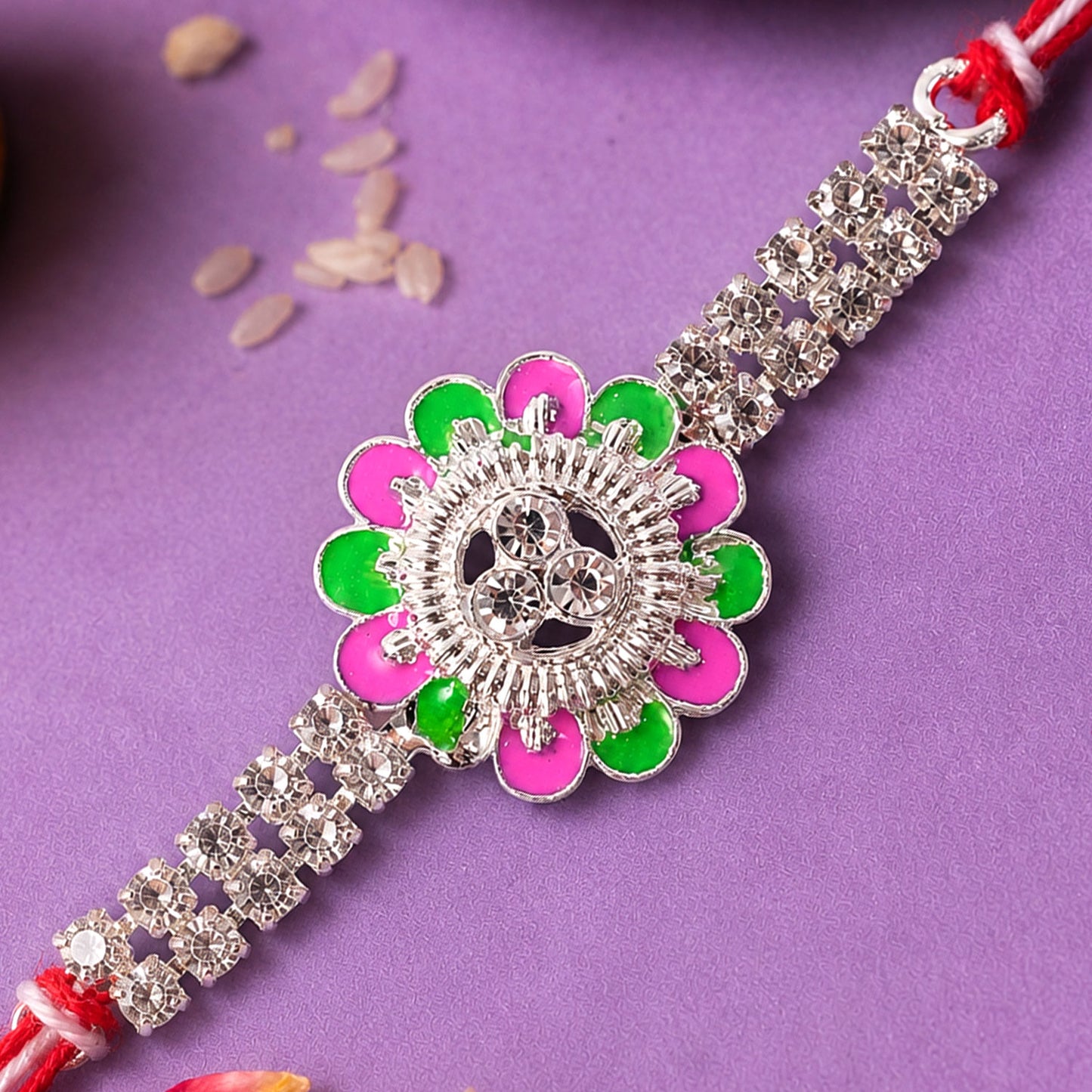 Designer Rakhi featuring Floral Medallion, gold trims and display look for Gift Use