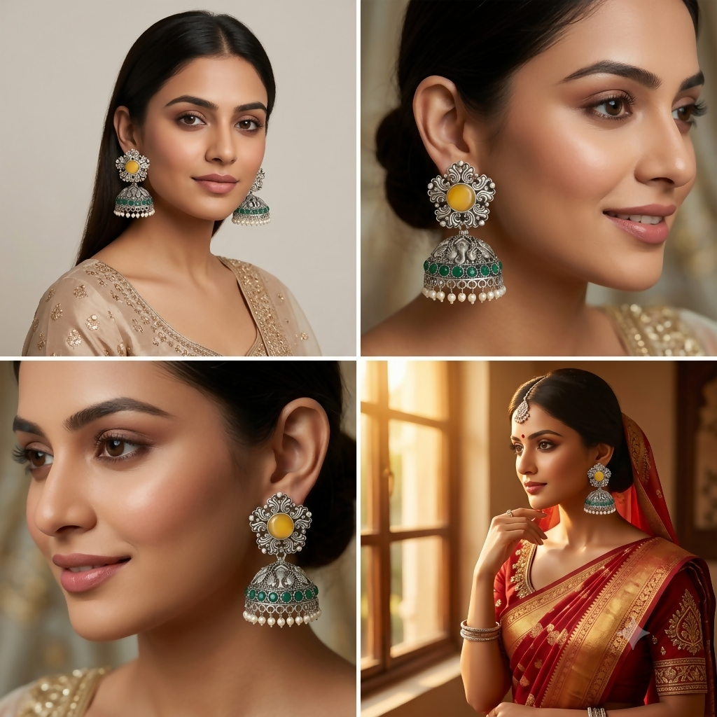 Oxidised silver jhumka earrings with yellow & emerald stones close-up