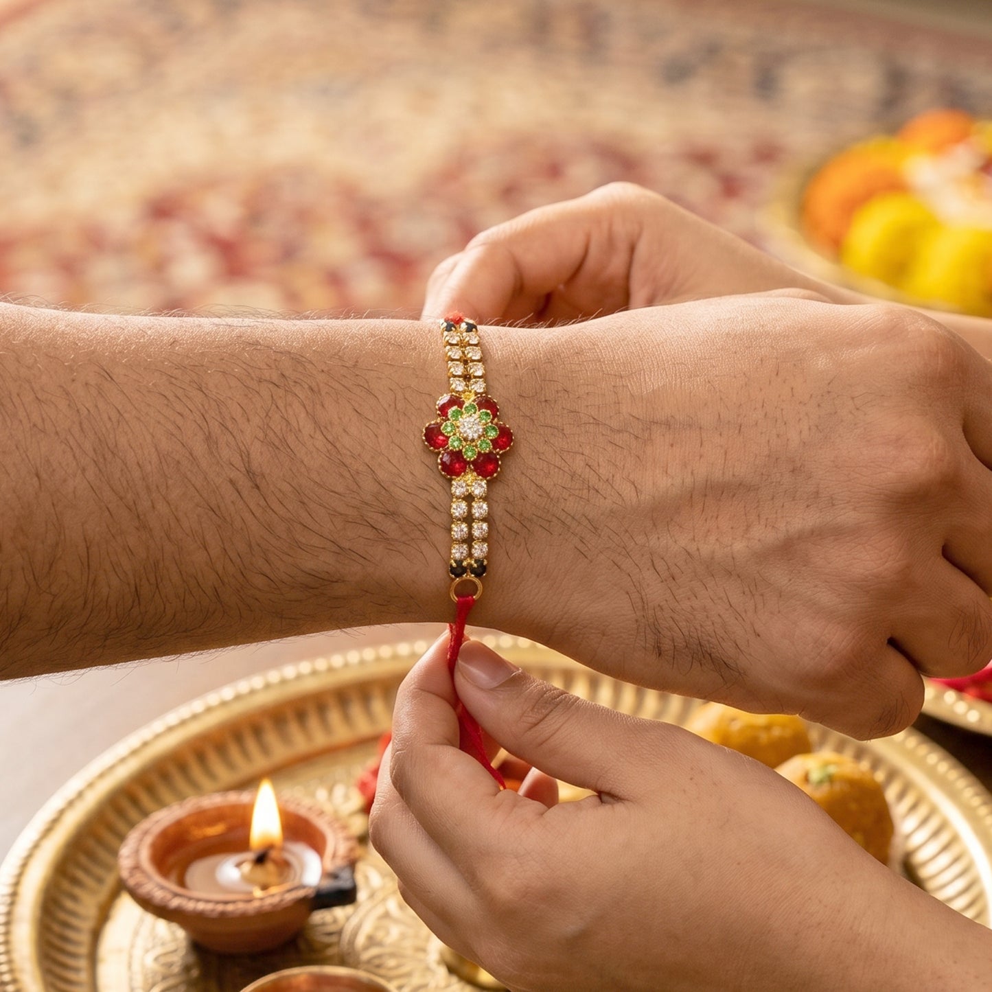 Red Floral Kundan Bracelet Rakhi with Crystal Line and Pearl Ends