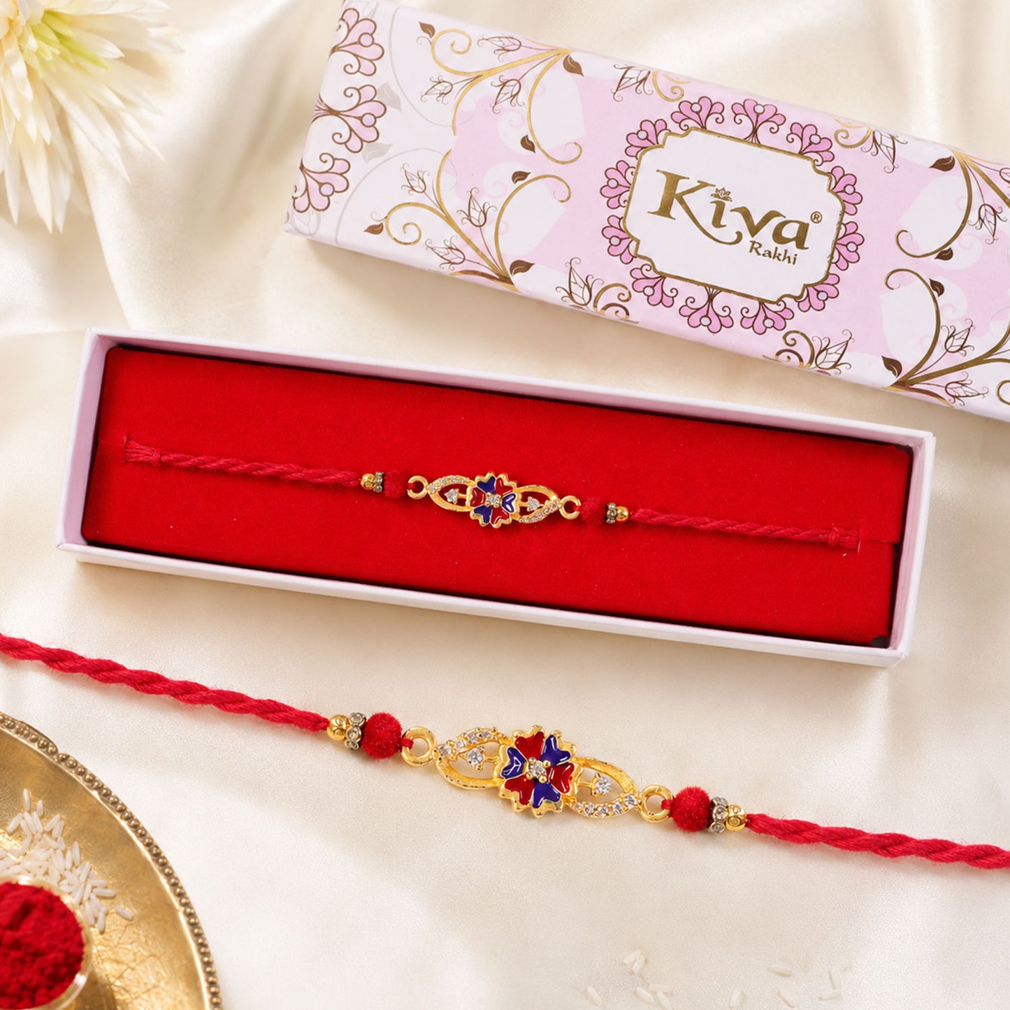 Blue & Red Meenakari Floral Designer Rakhi for Brother, AD Stones Gift