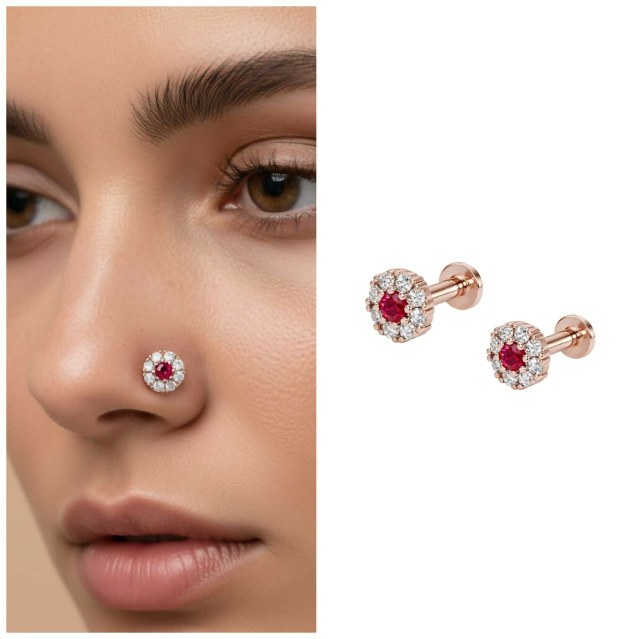 Set of two rose gold nose pins accented with diamonds around ruby centerpiece